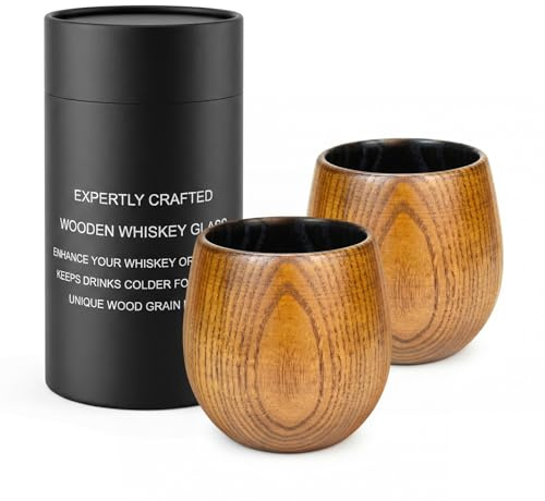 LIRONGTAGE 2Pcs Bourbon Drinking Glass, Wooden Whiskey Glass Set, Vintage Glasses Set, Bourbon Whiskey Drinking Cups with Storage Paper Bucket Presents for Men, Dad, Husband