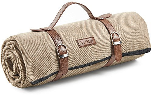 VonShef Picnic Blanket, Beige Herringbone Outdoor Rug with Waterproof Backing, 6 Person Weatherproof Picnic Mat with Faux Leather Handle, Water Resistant Camping Accessories, 147x180cm