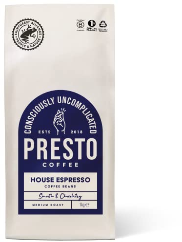 Presto Coffee | House Espresso Coffee Beans | 1kg | Dark Roast | Chocolate Almond Notes | Rainforest Alliance Certified Arabica | Fully Recyclable Packaging.