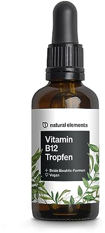 natural elements Vitamin B12 Tropfen – 50ml – 500µg B12 pro Tropfen – Jahresvorrat – 2 Aktivformen (Methyl- & Adenosylcobalamin) – vegan, ohne Alkohol – in Deutschland sorgfältig laborgeprüft