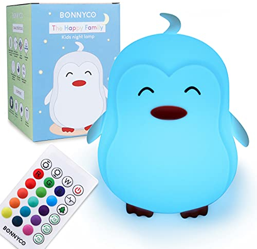 BONNYCO Luz Nocturna Infantil Pingüino con Control Remoto y Táctil 16 Colores. Luz Bebe Nocturna con Temporizador, Lampara Quitamiedos Infantil de Silicona Libre de BPA. Regalos para Niños y Niñas