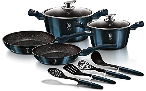 Berlinger Haus Aquamarine Batterie de Cuisine Induction 10 Pièces Antiadhésive Marbre sans PFOA, Aluminium, 2 Casseroles 2 Couvercles 2 Poêles à Frire 4 Ustensiles de Cuisine, Design Metallic Line