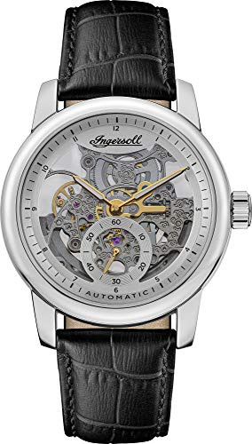 Ingersoll The Baldwin Herren-Automatikuhr, 51 mm, in Silber mit Analoganzeige und schwarzem Lederarmband I11002.