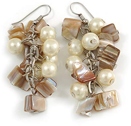 Boucles d'oreilles pendantes en forme de grappe de coquillage blanc antique avec perles en verre crème 60 mm, Verre Coquillage Verre