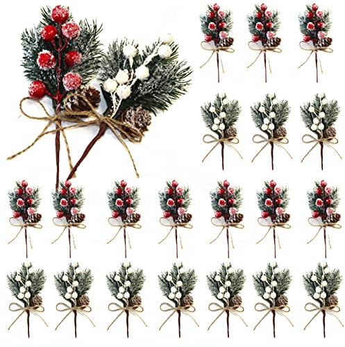 HanOBC 20 Stück rote und weiße Beerenstiele, 15 cm, künstliche Tannenspieße, Zweige, Weihnachtsblumen, Picks und Sprays, Urlaub, Winter, Blumenplektren für Girlande, Kranz, Weihnachtsdekoration