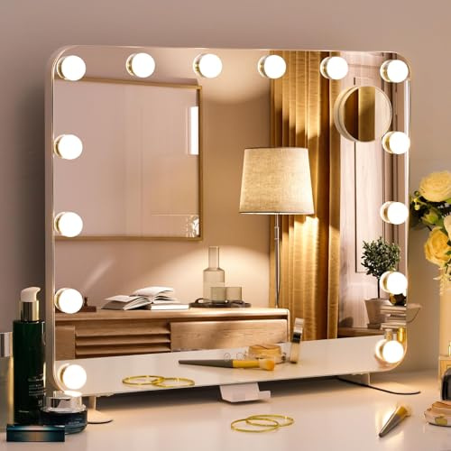 MAMIZO Hollywood Schminkspiegel mit Beleuchtung, 60x50 cm Kosmetikspiegel mit 14 Dimmbarer LED Licht, 3 Farblichtmodi, Doppelfußdesign,Vanity Spiegel, mit USB- Ladeanschluss, Tischspiegel Wandspiegel