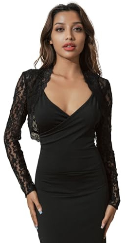 Unsutuo Bolero de encaje para noche, cárdigan abierto de encaje de ganchillo para fiesta, mujer, manga larga, chaqueta de novia para vestido de novia, Negro -, 4-6