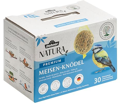 Dehner Natura Premium Mangime per uccelli selvatici, palline per cinciallegre, rete biologica, 30 pezzi, 90 grammi ciascuno (2,7 kg), 1 pezzo (confezione da 1)