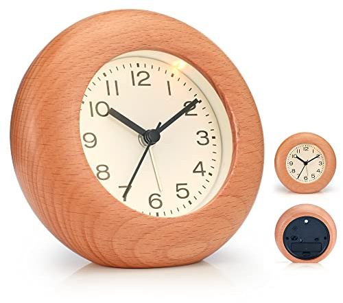 JIYUERLTD Wecker für Schlafzimmer, 10,2 cm lauter Wecker für schwere Schläfer, 2023 dekorativer Holzwecker mit Donut-Buche-Rahmen (rund)