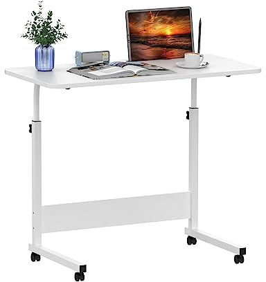 80x40cm Schreibtisch Höhenverstellbarer Tisch Computertisch mit Mobiler Rollen, Notebook-Ständer, Höhenverstellbarer Schreibtisch Weiß Gestell Metall, Stehpult Laptoptisch mit Holz Tischplatte