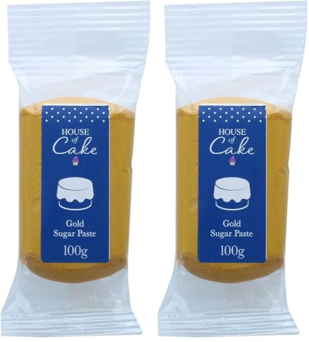 House of Cake Metallic Gold Edible Sugar Paste, Fondant Icing for Modelling, Marbling, Lettering, & Creating Shapes, Add a Shiny Smooth Finish to Cakes & Cupcakes - Gold 100g (Pack of 2)