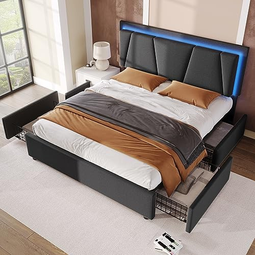 Kehun Polsterbett Doppelbett 140x200 cm mit LED-Kopfteil, Stauraumbett 4 Stauraum Schubladen,Lattenrost aus Holz, Modern Bett Bettgestell aus Metallrahmen, Leinen, Grau, Ohne Matratze