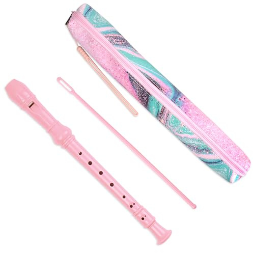 Hennaja Recorder Instrument for Beginner Adults,8-Hole Soprano Descant Recorder Music Flute with Cleaning Rod & Case Bag For Home Entertainment(2-Pink Green Splash-ink)