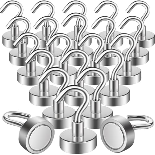 MIN CI 22pcs Ganchos Magnéticos Extra Fuertes, 20mm, Imanes Neodimio con Gancho, Ganchos Imantados Furgoneta 15kg, Imán con Ganchos, Redondos Imanes Potentes, Ganchos de Cocina