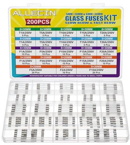 ALLECIN 21 Values Glass Fuses Fast Slow Blow Assorted Kit 5x20MM 6x30MM Quick Glass Fuse F 1A 2A 5A 10A 15A 20A Time Delay T 1 5 10 15 20 Amp Glasses Tube Fusible Set 250V 5x20 6x30 MM
