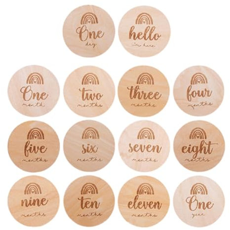 14 Stück Hölzerne Baby Monatliche Meilensteinkarten, Baby Meilenstein Scheiben Holz Meilensteinkarten für das erste Jahr, Foto Requisiten Baby Monatliche Holzkarten Geschenk zur Geburt