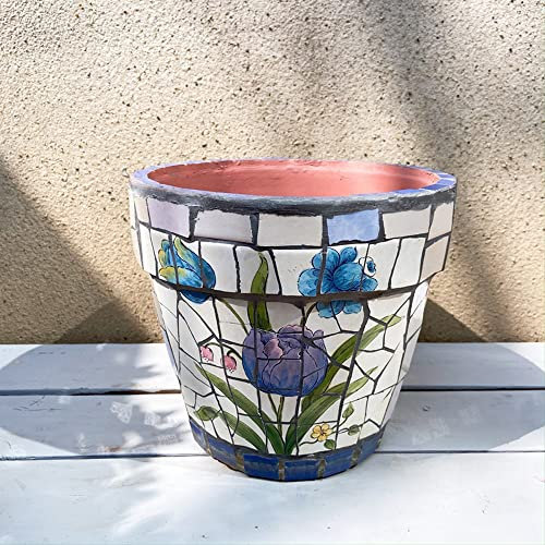Vaso per Piante in Ceramica Colorata, Grande Vaso per Fiori Smaltato con Sottovaso, Vaso per Fiori Rotondo in Terracotta, Vaso per Bonsai Dipinto A Mano, per Cortile Esterno (Ha)
