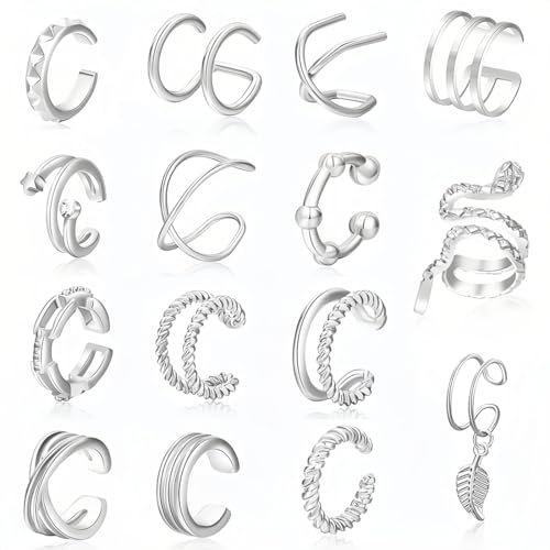 15 Pcs Ear Cuff Set Damen，Ohrclips，Ohrmanschetten Ohrringe Earcuff Set，Ohrklemme Ear Cuffs silber Ohrschmuck