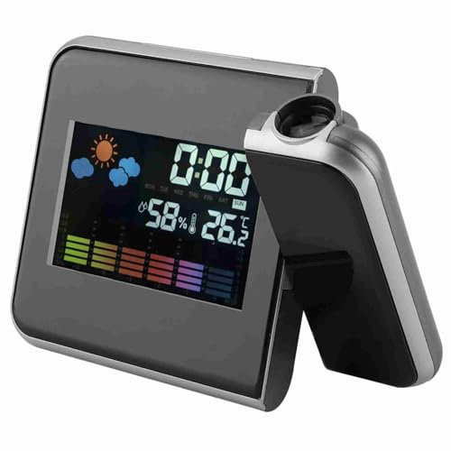 Jwthee Projection Alarm Clock for Bedrooms with Weather Station, Snooze Function, USB Charger, Temperature Humidity Monitor Gauge Hygrometer (Black)