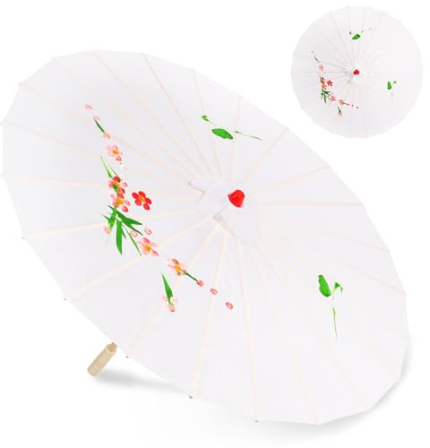 Bestage 33 White Flower Silk Cloth Decoration Handmade Parasol Umbrella Chinese Japanese Asian DIY Art Dance Classical Umbrella for Wedding Parties Photography Costumes Cosplay (White)