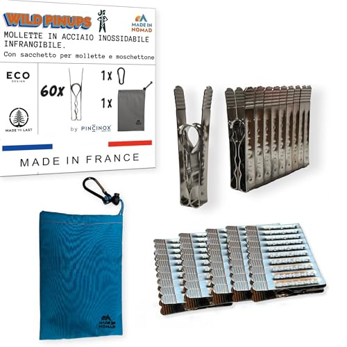 Wild Pinups: 60 Pinces à Linge INOX Incassables Pincinox avec Panier Pince à Linge et Mousqueton. pour Buanderie, Fil à Linge, séchoir à Linge. l'Epingle a Linge Solide, Durable à Vie, Made in France