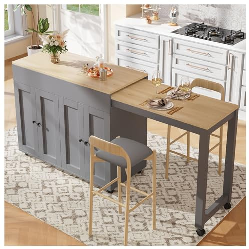 Wyibwy Mesa de bar extensible (118-180×50×94cm), isla de cocina extensible con espacio de almacenamiento, con seis estantes, mesa de bar, para comedor, para usar como divisor, gris