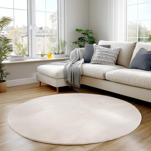 Carpettex Runder Teppich Creme 200 cm- Kurzflor Teppich Waschbar, rund, weich & rutschfest, modern einfarbiges Design für Wohnzimmer, Küche Schlafzimmer, & Kinderzimmer