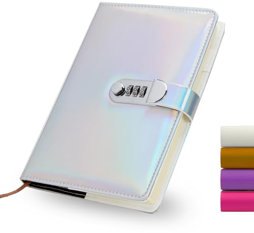 Amythe Taccuino A5 con Blocco a Password, 240 Pagine Rigate, Copertina in Pelle PU Impermeabile, Diario con Lucchetto a Combinazione, Quaderno per Scuola/Ufficio/Viaggio, Argento