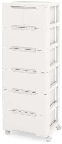 GOPLUS Meuble de Rangement Roulant en Plastique à 6 Tiroirs, Casier de Rangement Mobile avec 4 Roues Universelles, Grand Plateau, Vertical pour Salon, Chambre, Bureau à Domicile, Salle de Bain, Blanc