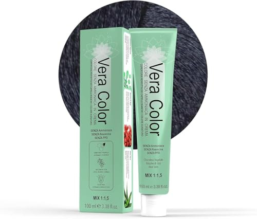 Vera Color - Nero Blu 1.1 - Colorazione Professionale Long Lasting in Crema Senza ammoniaca con Cheratina Vegetale, Aloe Vera e Bacche di Goji - Copertura Totale dei Capelli Bianchi - 100ml