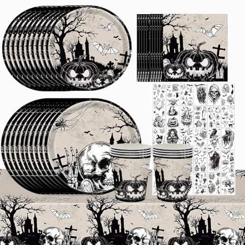 Halloween Party Tableware Set 95PCS PumpkinTableware Decorations Including Banner Tablecloth Paper Plates Cups Napkins Face Stickers For Family Get-Together Mysterious Dark Halloween Party Supplies