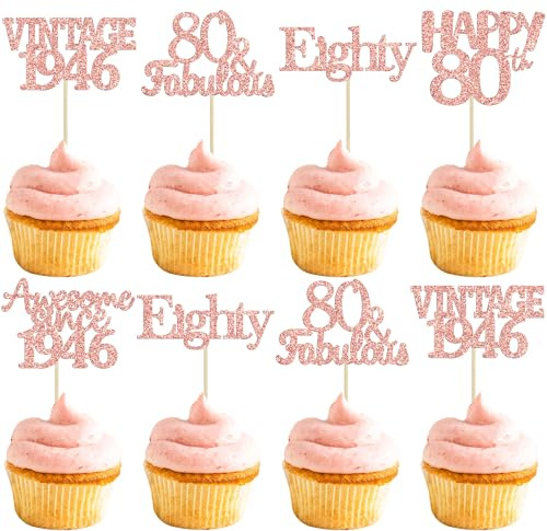 Gyufise 30Pcs Vintage 1946 Cupcake Toppers Glitter Eighty Happy 80th Birthday 80 Fabulous Cupcake Picks Awesome Since 1946 Cake Decorations for 80th Birthday Anniversary Party Supplies Rose Gold