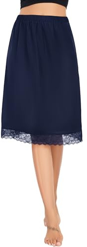 Lovasy Women's Half Slips Satin Long Underskirt with Lace Hem Anti-Static Slip Soft Half Slips for Under Dresses UK A-line Anti Static Petticoat Under Skirt,Navy Blue,L