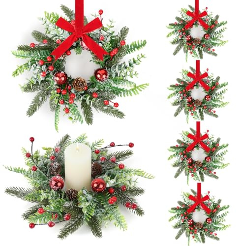 6 Pcs Christmas Candle Rings Wreaths Artificial Snowy Pine Cedar Red Berry Clusters Candle Rings Wreaths Mini Christmas Balls Wreath for Xmas Winter Front Door Window Decorations ﻿