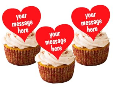 PRE CUT Personalised Cupcake Toppers Edible Premium Wafer Paper Custom Cake Topper (14 x 2 inch Heart Shaped)