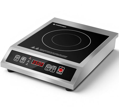 AMZCHEF Gewerbliches Induktionskochfeld 3500W, Induktionskochfeld 1 Platte, 21 Leistungs- & 20 Temperaturstufen, Edelstahlgehäuse, 10H-Timer, Geeignet für Professionelle Catering Küche Restaurant