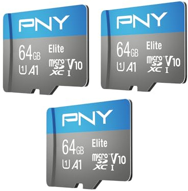 PNY Tarjeta de Memoria Flash Elite de 64 GB Clase 10 U1 V10, A1 microSDXC para Dispositivos móviles, 100 MB/s, Full HD, UHS-I, Micro SD, Paquete de 3