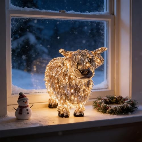 3D Lighted Highland Cow Christmas Decor for Outdoor Indoor - Light Up Highland Cattle Decorations, Glowing Festive Ornament with Lights for Bedroom Livingroom Yard Garden Lawn