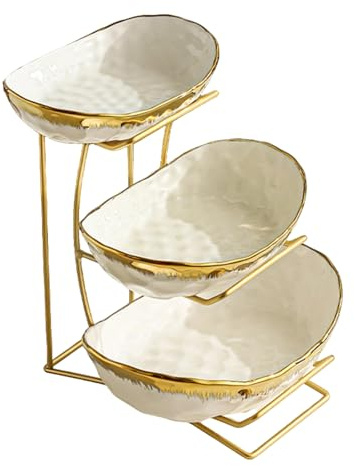 Kiss Me 3 Tier Fruit Bowl Ceramic Food Basket With Metal Stand For Counter
