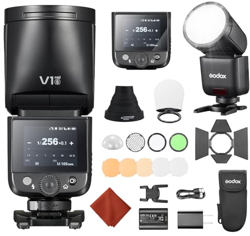 Godox V1 Mid S para Sony V1 Mid-S Flash Cámara con AK-R1 Kit de Accesorios 55Ws Speedlite Cabeza Redonda TTL Mini Flash con Zapata Caliente,2,4G HSS 1/8000s,Pantalla Táctil,USBC,Compatible A7CII A6700