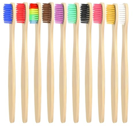 Set med 10 naturliga bambu tandborste med mjukt hår, biologiskt nedbrytbara ekologiska tandborstar för vuxna, ovalt huvud, 10 olika färger, rese- och hemtandborste
