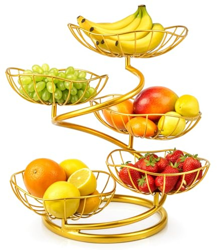 YORKING 5-Tier Fruit Basket, Iron Multi-Layer Kitchen Countertop Fruit Bowl, Metal Fruit Racks Decorative Fruit Bowls Stand Vegetable Snacks Holder for Parties, Event (Golden)