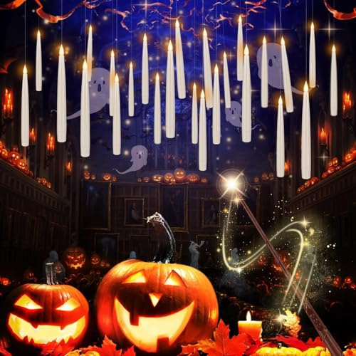 LIVEN 24 Pcs Halloween LED Magic Hanging Floating Candles, Taper Flickering Flameless with 2 Magic Wands - Candle Set for Halloween, Christmas, Weddings, Birthdays & Fantasy Ambiance...