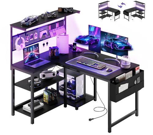 YOUDENOVA Spelbord L-form, spelskrivbord med LED, uttag, vändbart hörnskrivbord med hylla och hålvägg, 120 x 80 cm datorbord med lagringsutrymme och PC-hållare, för hemmakontor och spelare, svart
