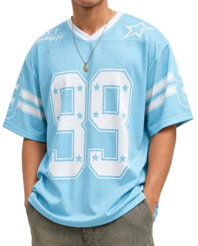 HAWILAND Women Mesh Football Basketball Jersey Tops Y2K Oversized T Shirt | American Football Jersey, Graphic Print Tee, Short Sleeve V Neck Tshirts, Streetwear