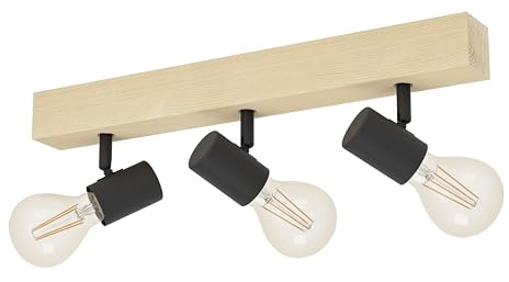 EGLO Deckenlampe Townshend 3 3 flammiger Vintage | Deckenspot im Industrial Design, Retro Lampe aus Stahl und Holz, Farbe: Schwarz, braun, Fassung: E27