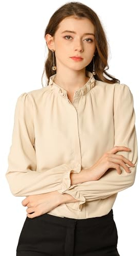 Allegra K Women's Ruffled Button Down Shirts 1950's Vintage Long Sleeve Mock Neck Chiffon Blouse, Apricot, M