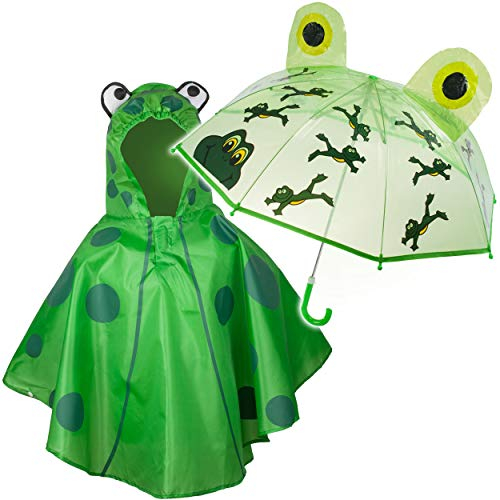 alles-meine.de GmbH 2 TLG. Set: 3D Effekt - Regenschirm + Regenponcho - lustiger Frosch - inkl. Name - Kinderschirm - Ø 77 cm - Regencape - Kinder - 2 bis 6 Jahre - Stockschirm -..