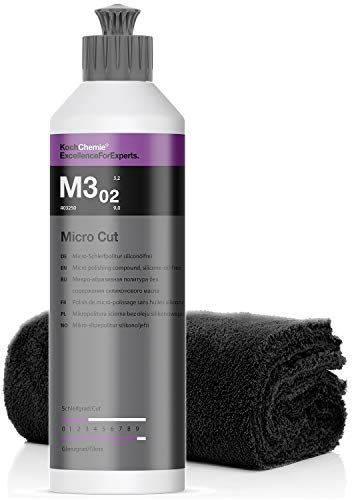 detailmate Koch Chemie Politur Set: Koch Chemie Micro Cut M3.02 Micro-Schleifpolitur silikonfrei, 250ml + detailmate randloses Mikrofasertuch, 40 x 40cm, 550GSM