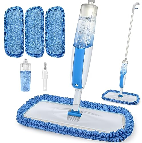 Microfibre Spray Mop for Floor Cleaning - MANGOTIME Dry Wet Floor Mop with Spray for Laminate Wood Vinyl Ceramic Tile Hardwood with 3 Washable Replacement Pads & 410ml Refillable Bottle